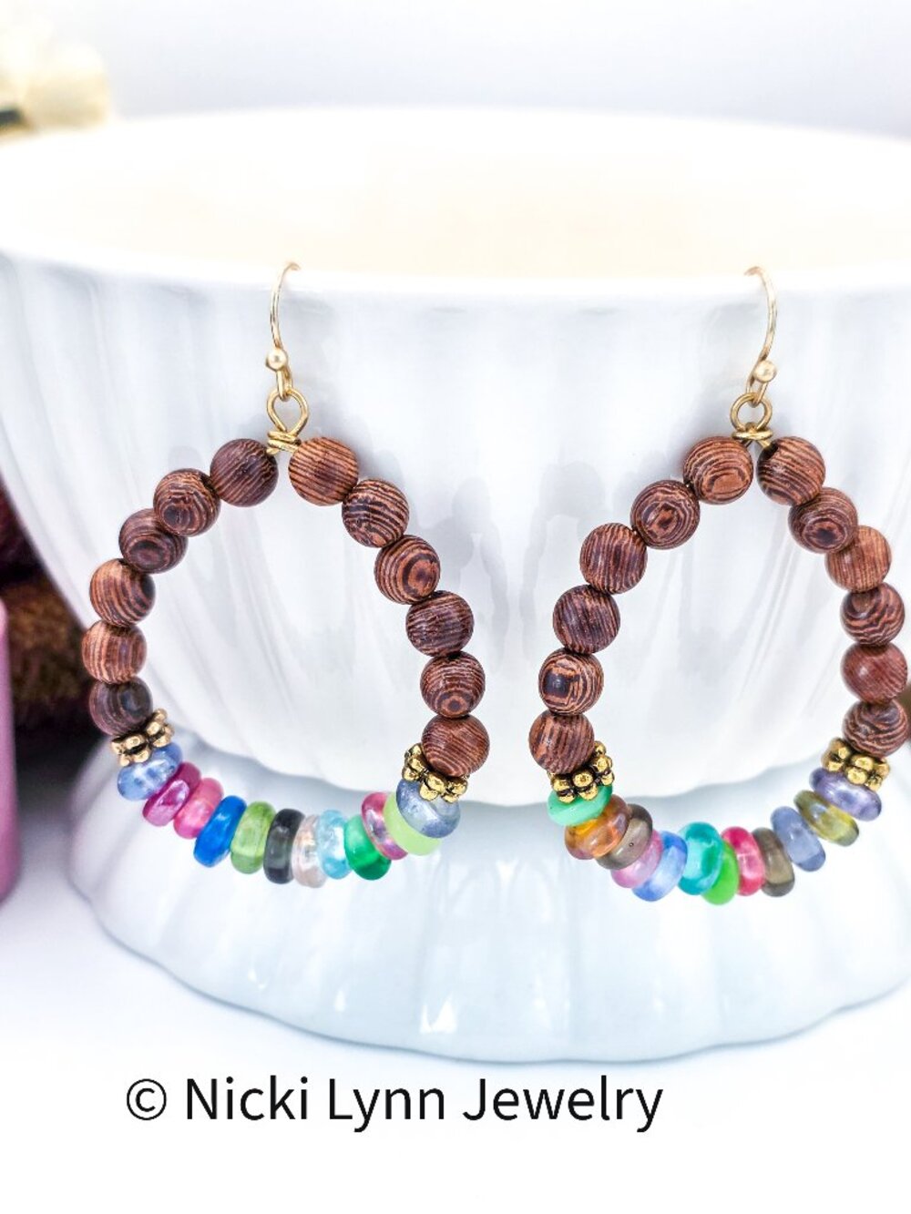 Rosewood Bead Hoop Earrings with Multicolor Glass Beads